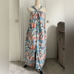 Faherty Coral & Teal Floral Halter Dress